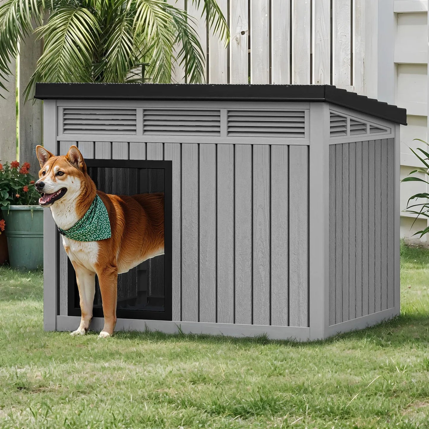 Plastic Dog House With Liftable Roof Outdoor Indoor Kennel Air Vents Weather Resistant Durable Shelter For Pets