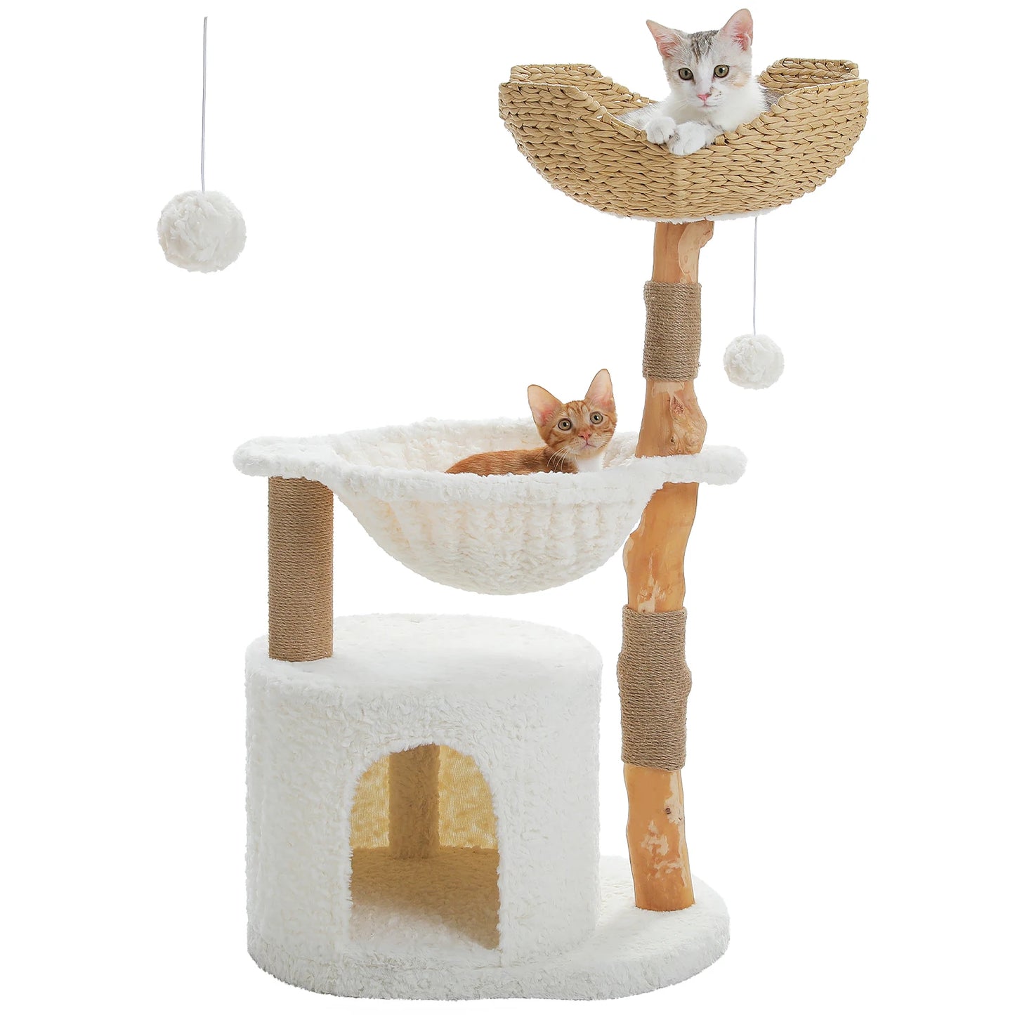PAWZ Road Modern Cat Tree Tower With Natural Solid Wood Scratching Posts And Basket