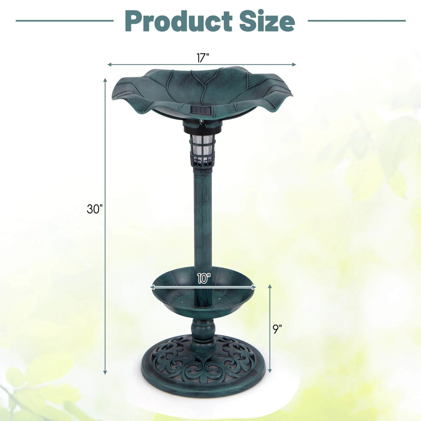 Solar Bird Bath Pedestal With Lotus Leaf Bowl And Feeder