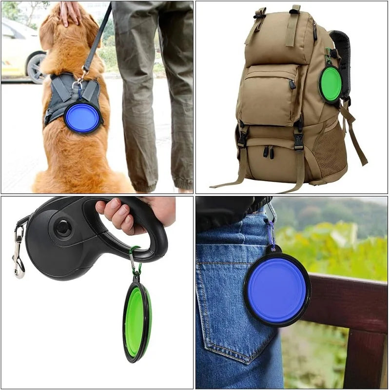 Foldable Portable Dog Feeder Bowl 2-In-1 Travel Dispenser With Carabiner