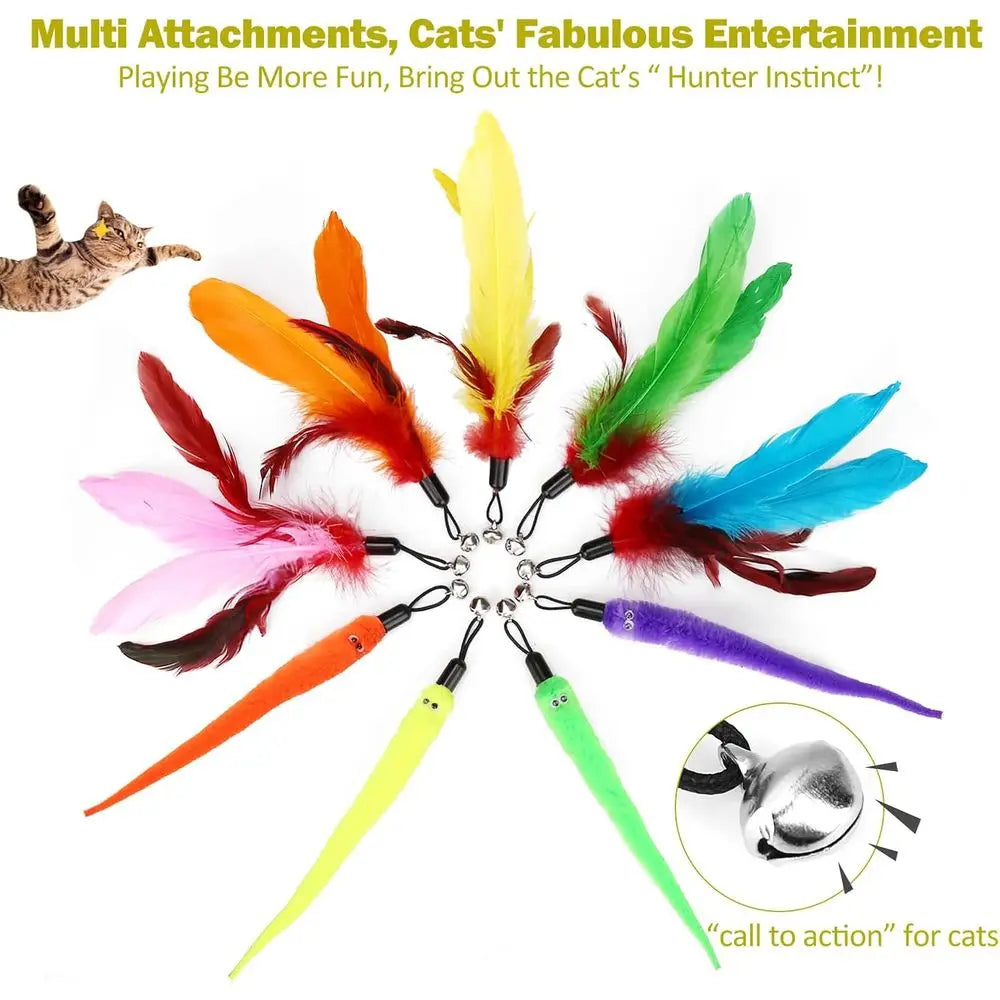 Indoor Cat Toy Set With Interactive Retractable Wand And 9 Piece Feather Toys