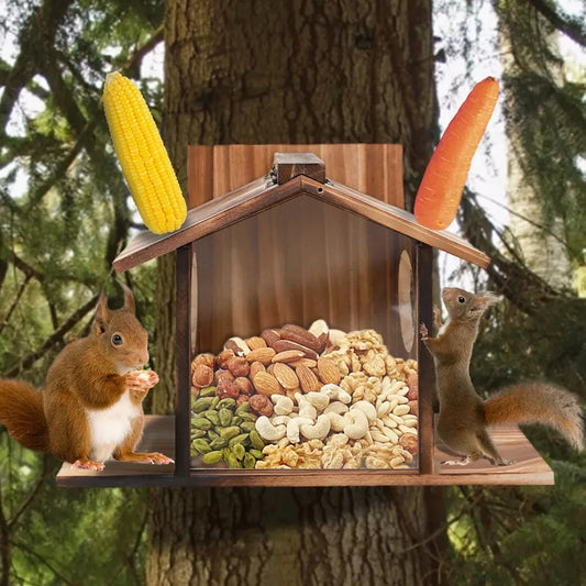 Bingopaw Wood Squirrel Feeder With Transparent Acrylic Front And Dual Side Openings For Easy Access