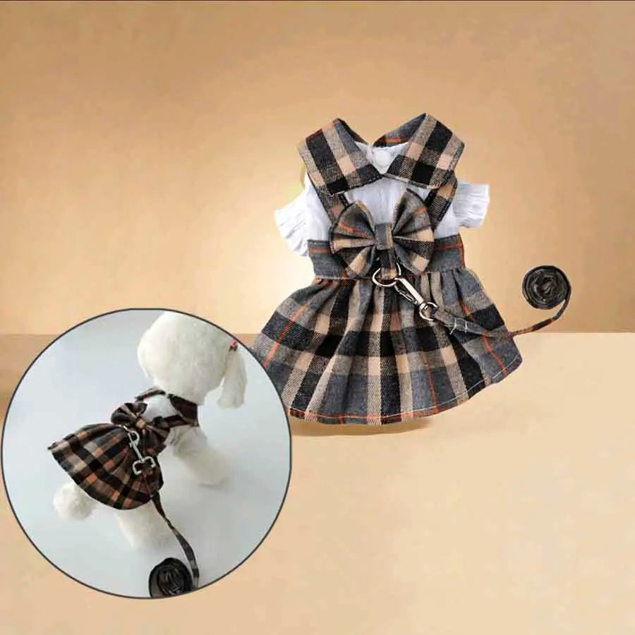 Plaid Dog Dress With Bowknot Back And Adjustable Leash