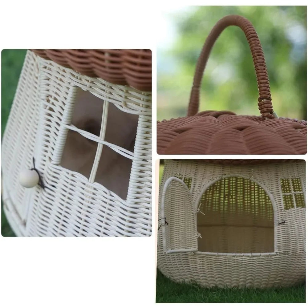 Indoor Dual Use Pet Nest Mushroom House Cat Bed And Dog Kennel Hand Woven From PP Rattan