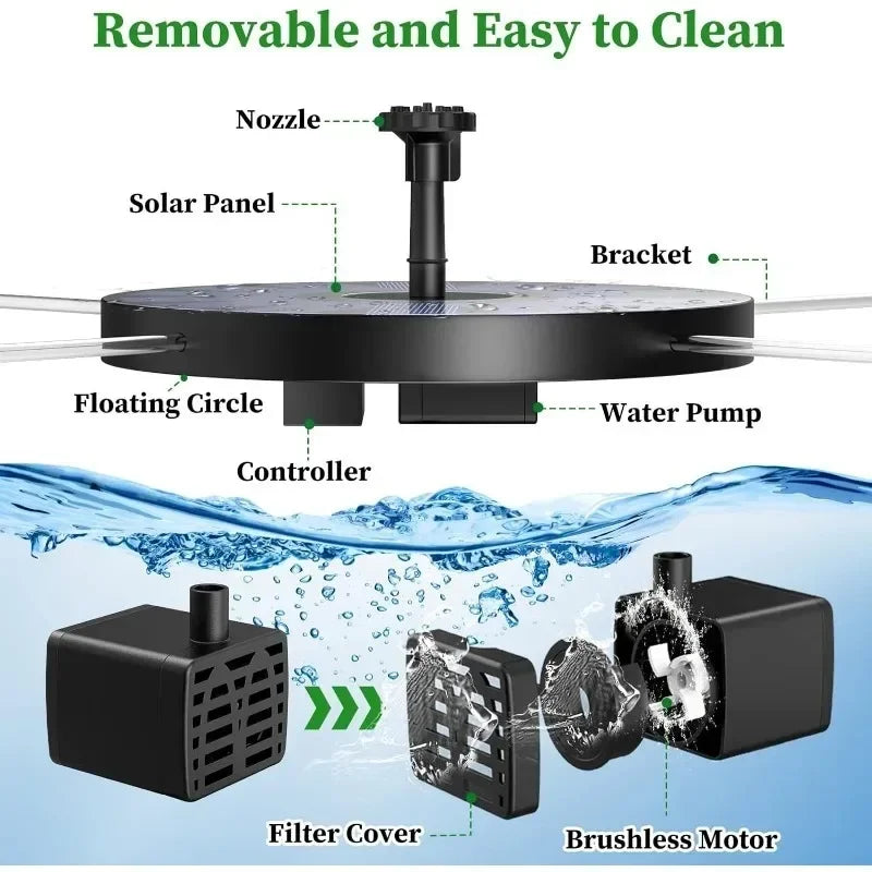 Outdoor Solar Fountain Pump With 6 Nozzles For Bird Bath