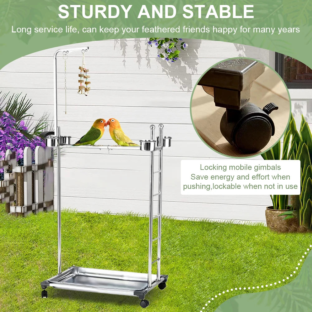 Shunmaii Metal Parrot Stand With Feeding Bowls Training Perch Wheels