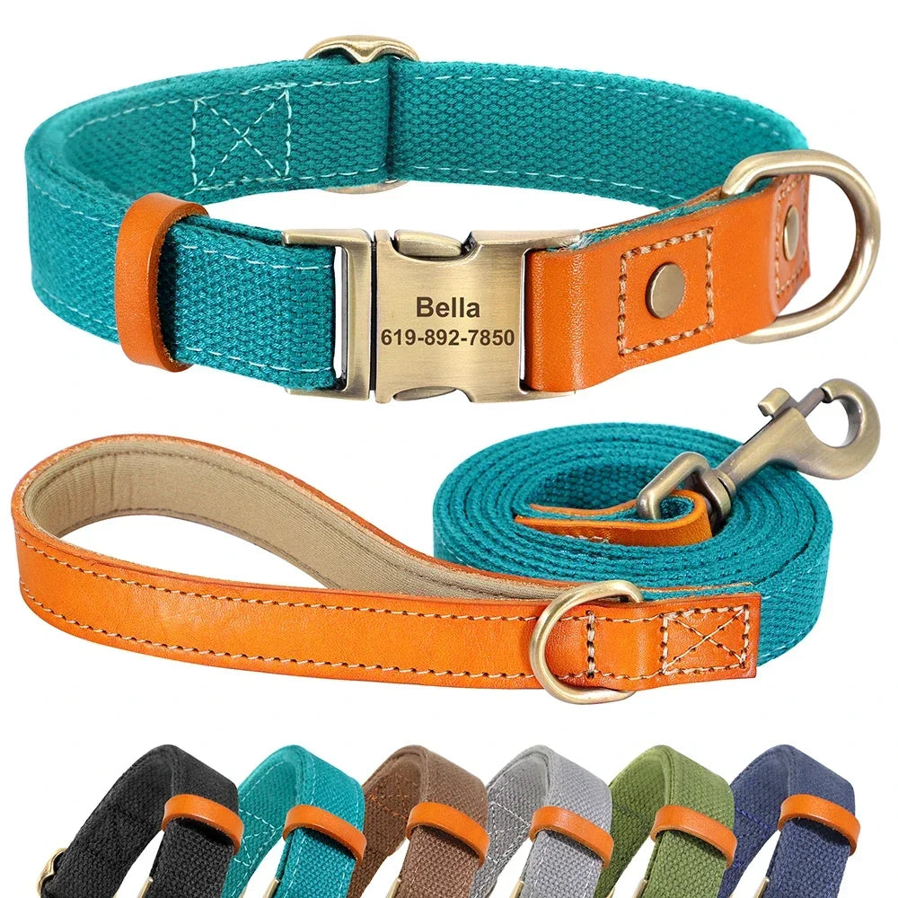 Nylon Dog Collar Leash Set With Personalized Genuine Leather Nameplate ID Tag