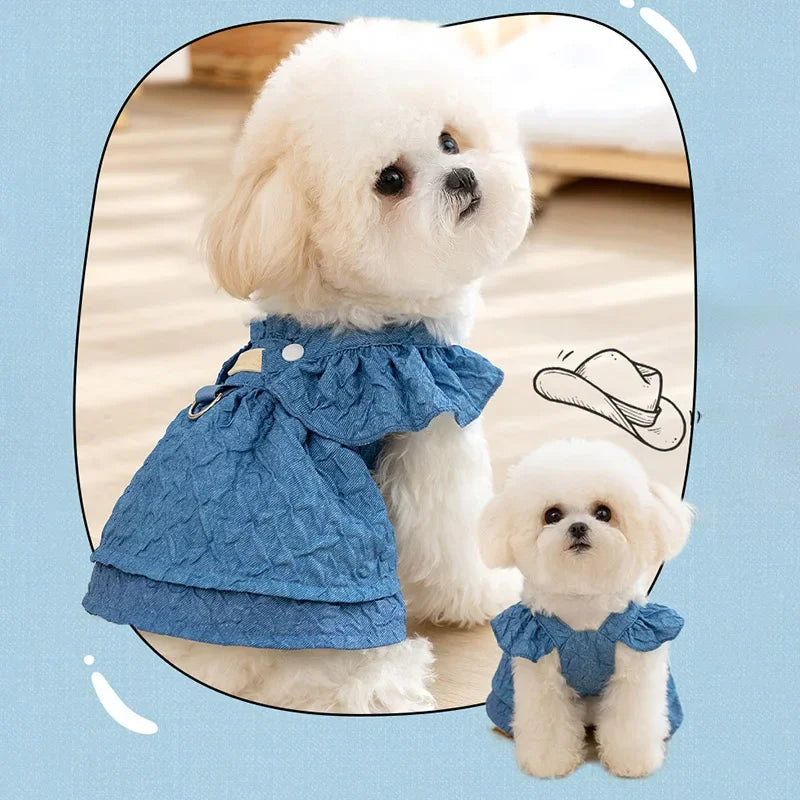 Hoopreety Denim Dog Dress For Small Dogs With Leash Ring