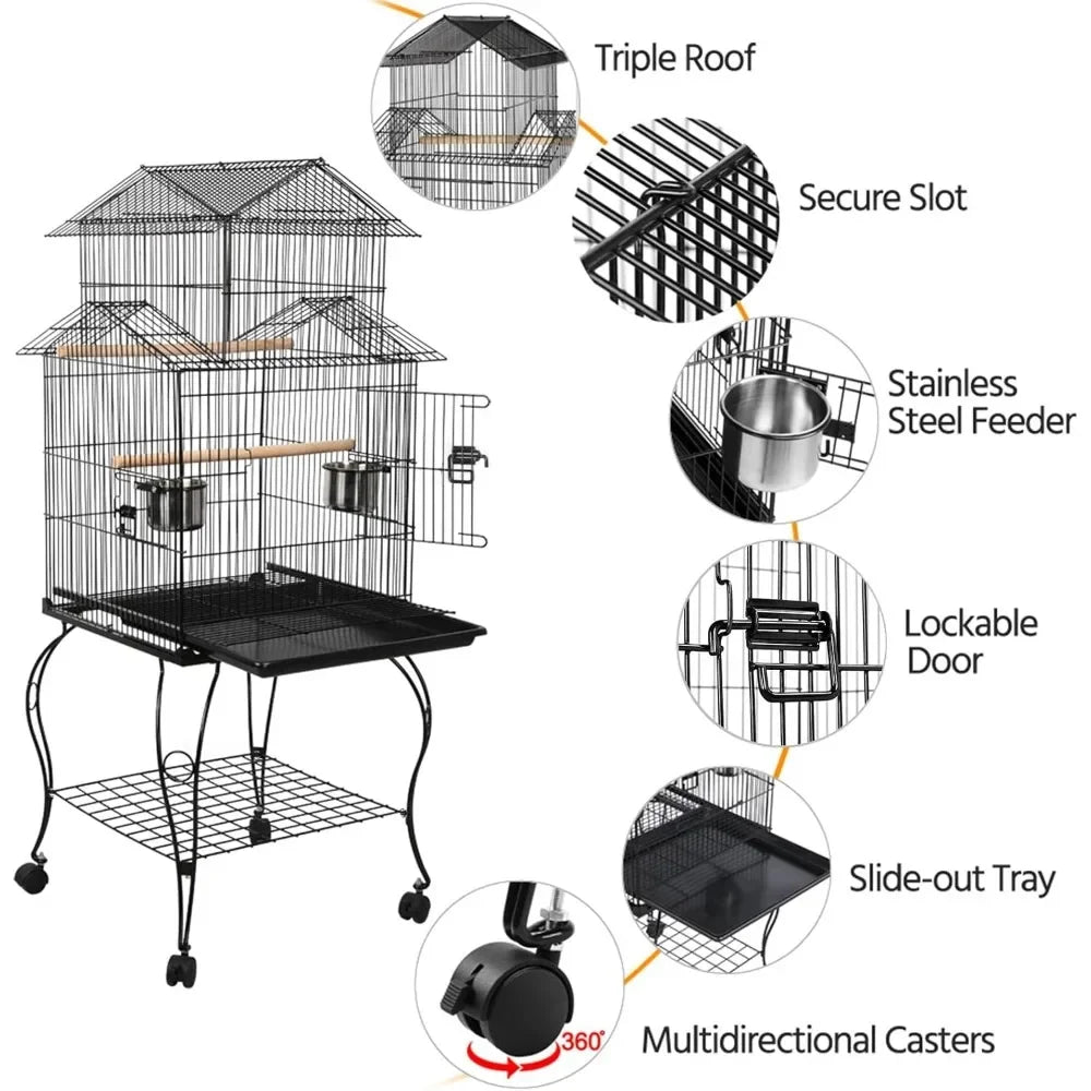 High Concerned Parrot Cage Rolling Standing Cage Detachable Stand