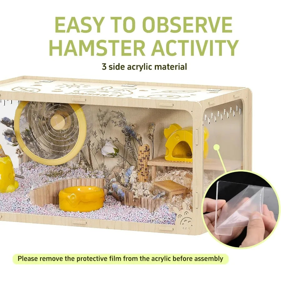 Wooden Hamster Cage Large Habitat Open Top Transparent Acrylic