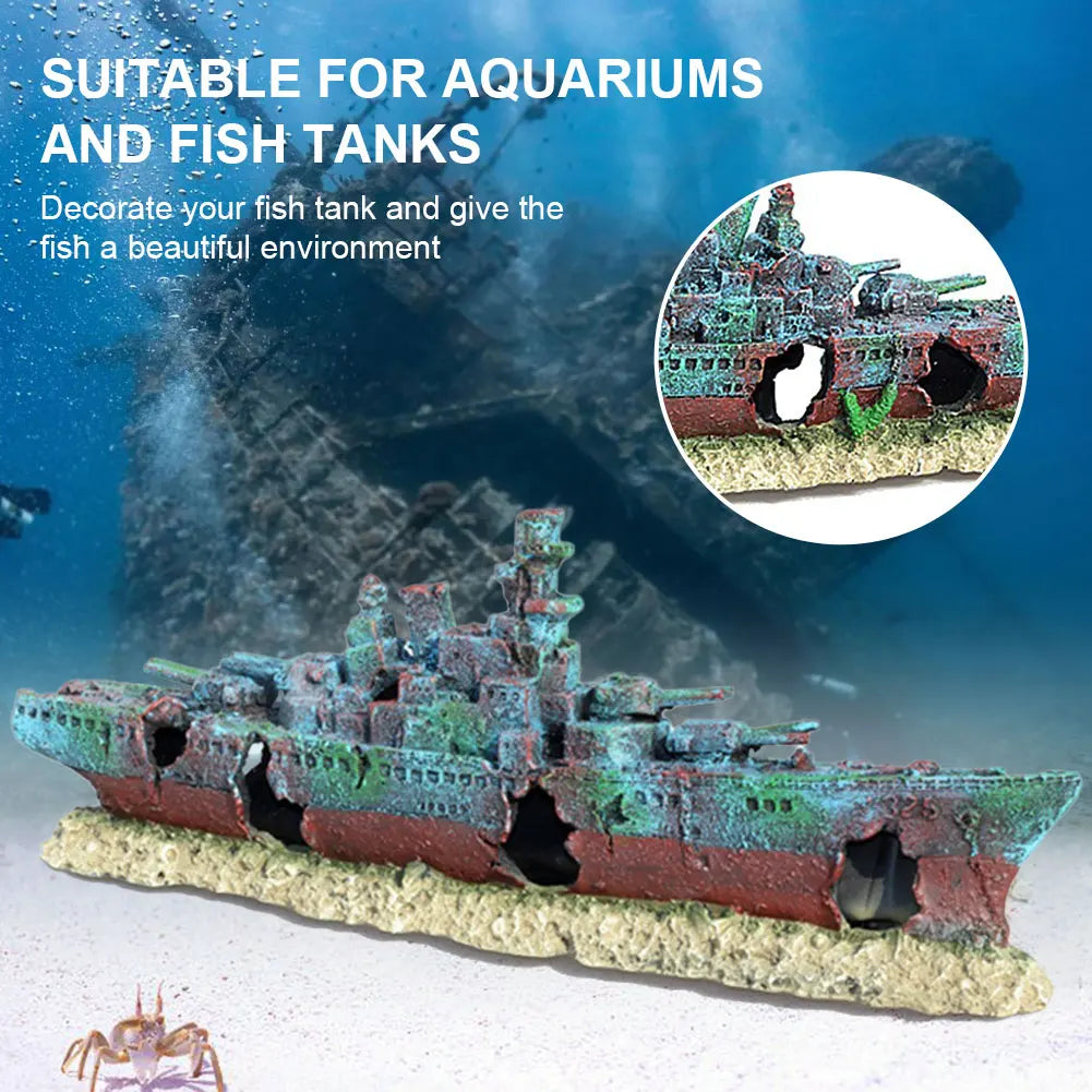APWIKOGERH Warship Wreckage Aquarium Decor Resin Ornament