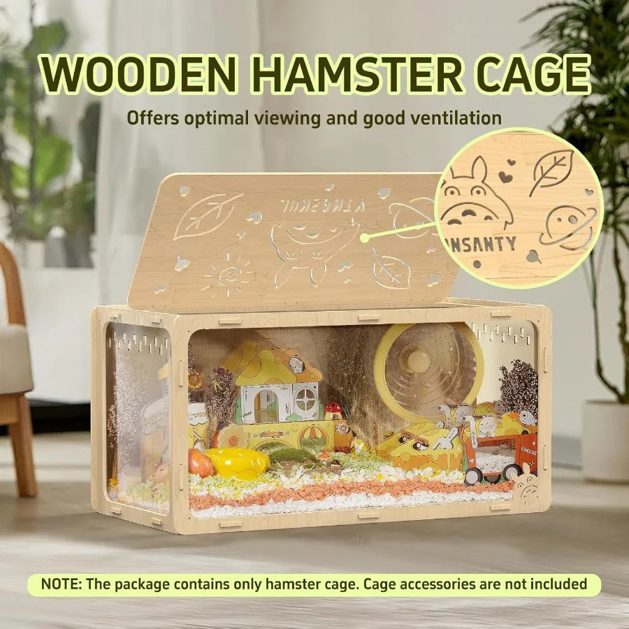 Wooden Hamster Cage Large Habitat Open Top Transparent Acrylic