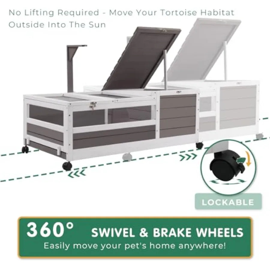 Tortoise Habitat Tank Indoor Outdoor Wooden Two-Room Enclosure With Wheels