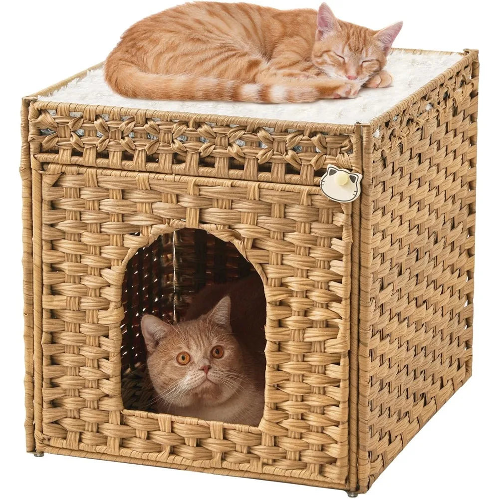 Handwoven Rattan Double Cat Cave Bed with Soft Cushions