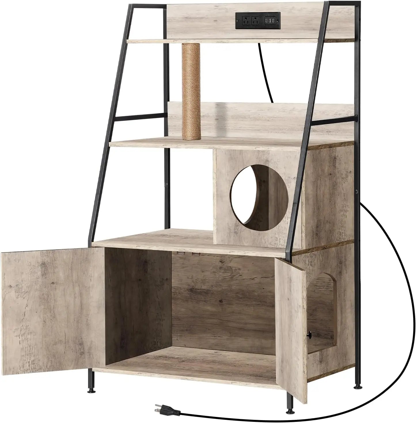 Closure Cat Litter Box Enclosure With Shelves And Charging Station