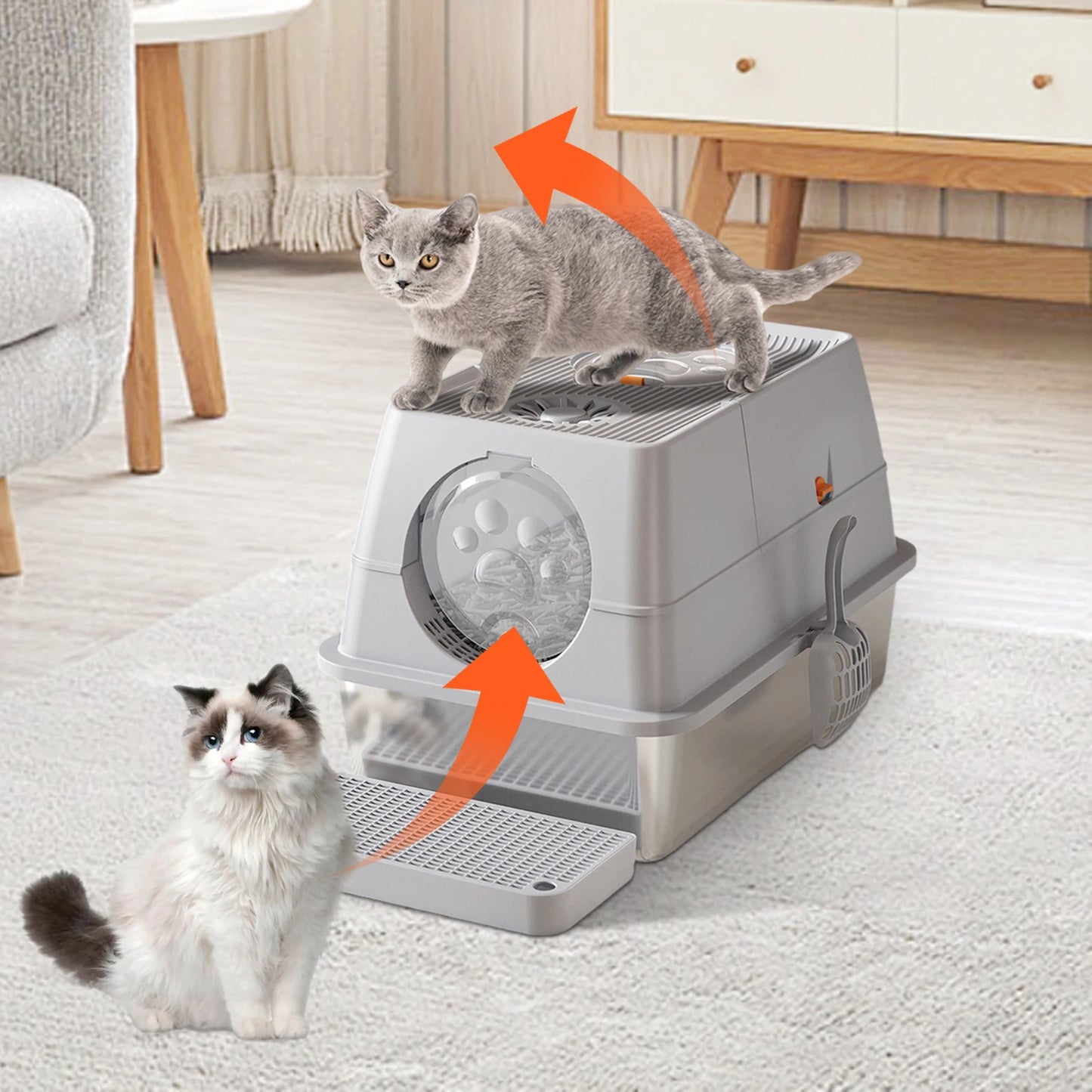 Feature Stainless Steel Cat Litter Box With High Sided Enclosure And Lid Front And Top Door