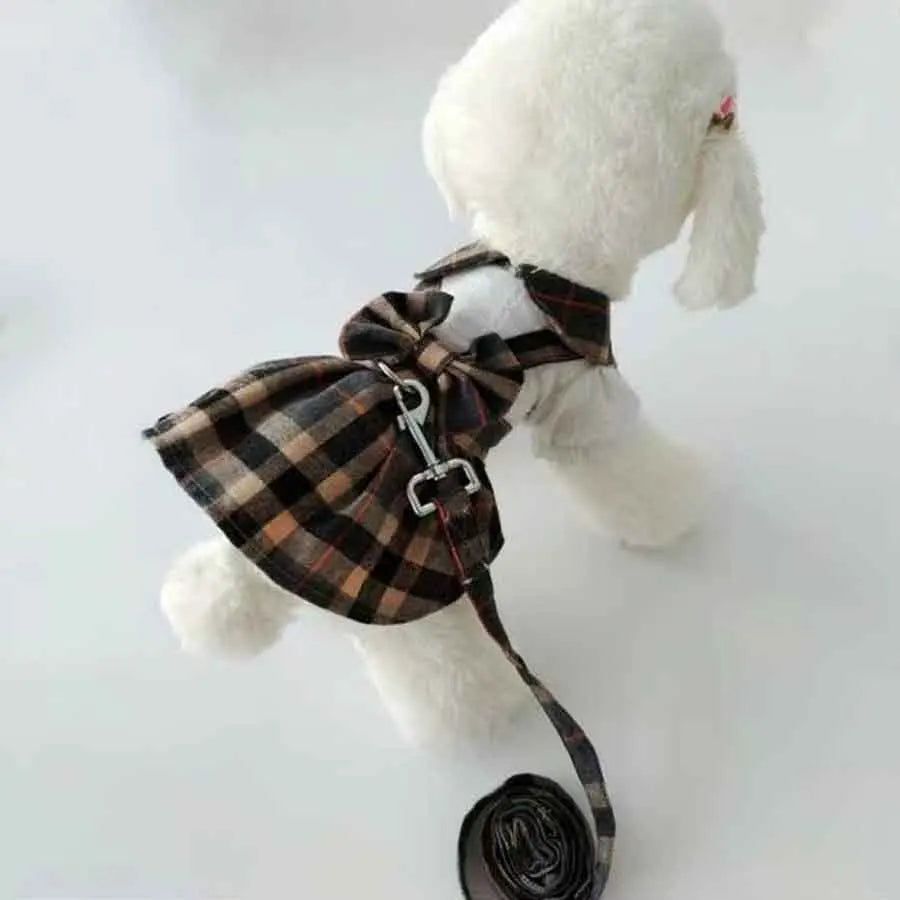 Plaid Dog Dress With Bowknot Back And Adjustable Leash