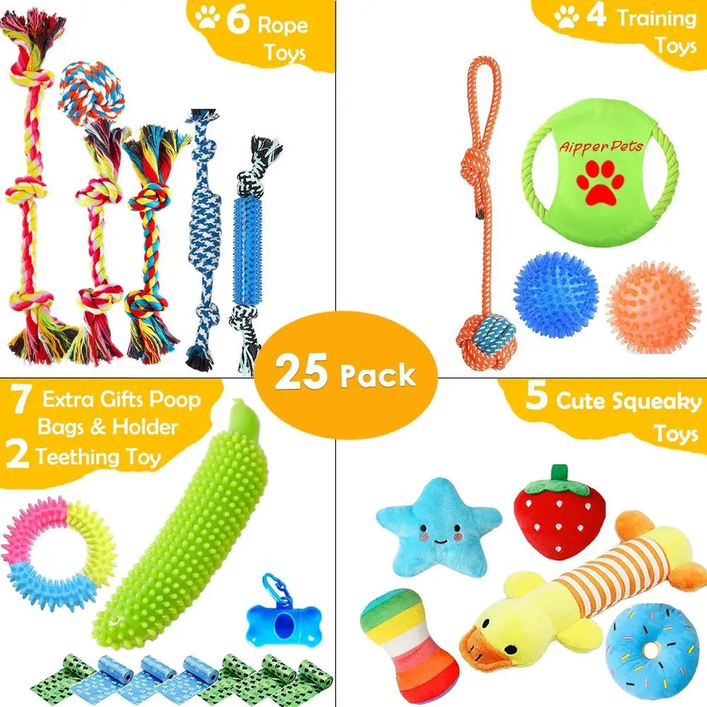 Dog Toys 25 Pack For Small Dogs Squeaky Plush Balls Rope Tug