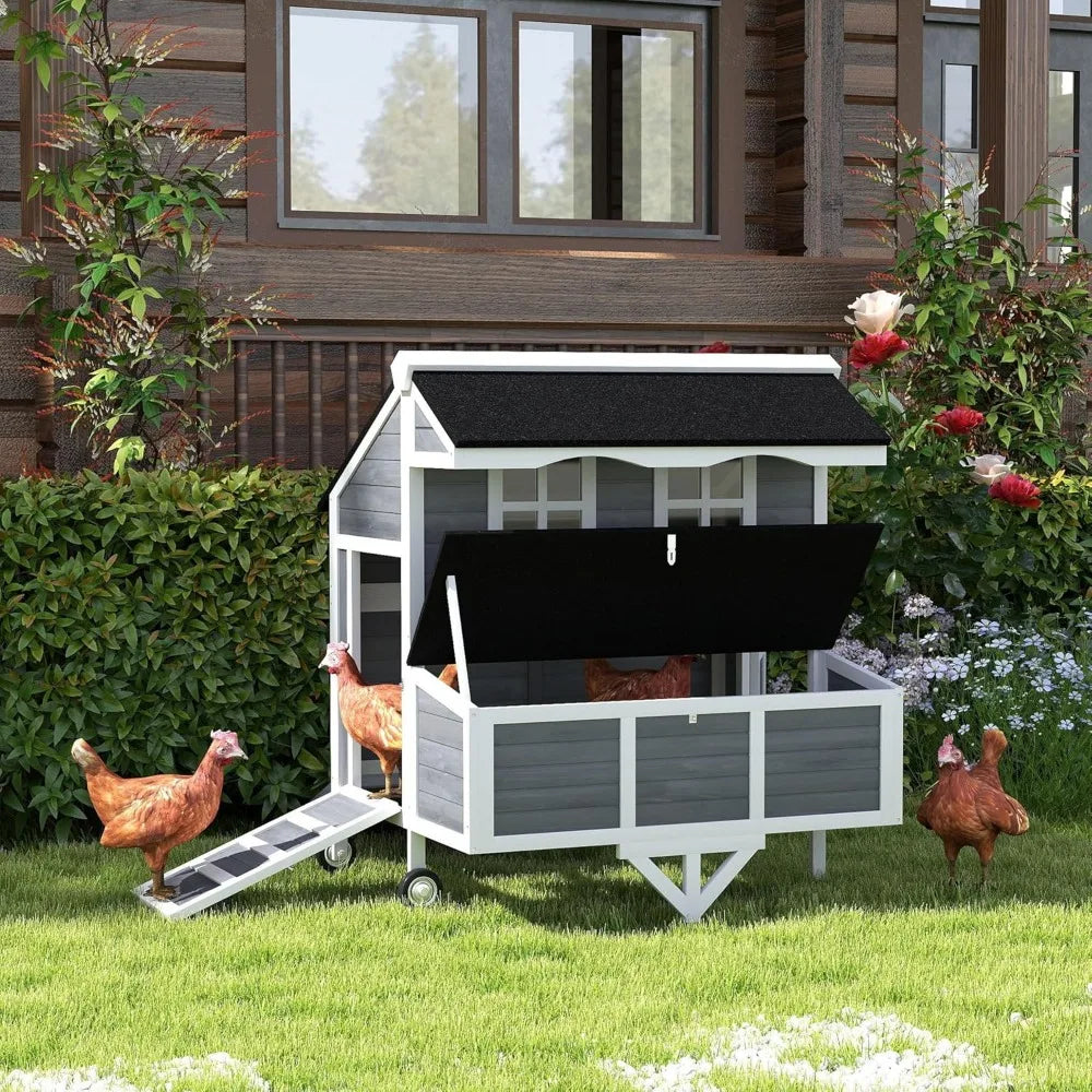 MKDK Mobile Chicken Coop With Nesting Box Windows Perches Tray