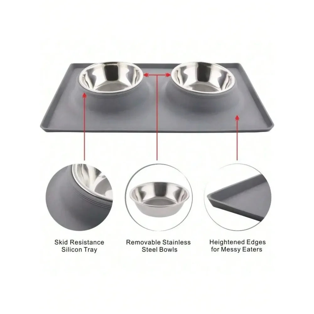No Spill Dual Pet Feeder Bowls With Silicone Mat Set