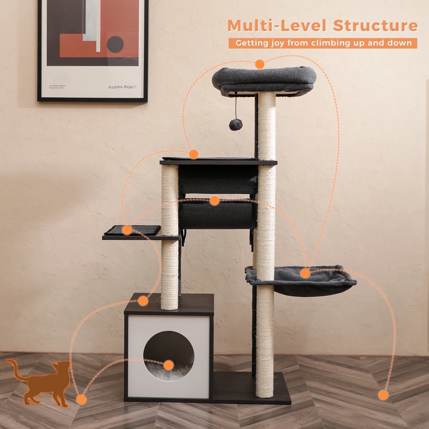 PAWZ Road Multi-Level Wood Cat Tree With Tunnel Scratching Post