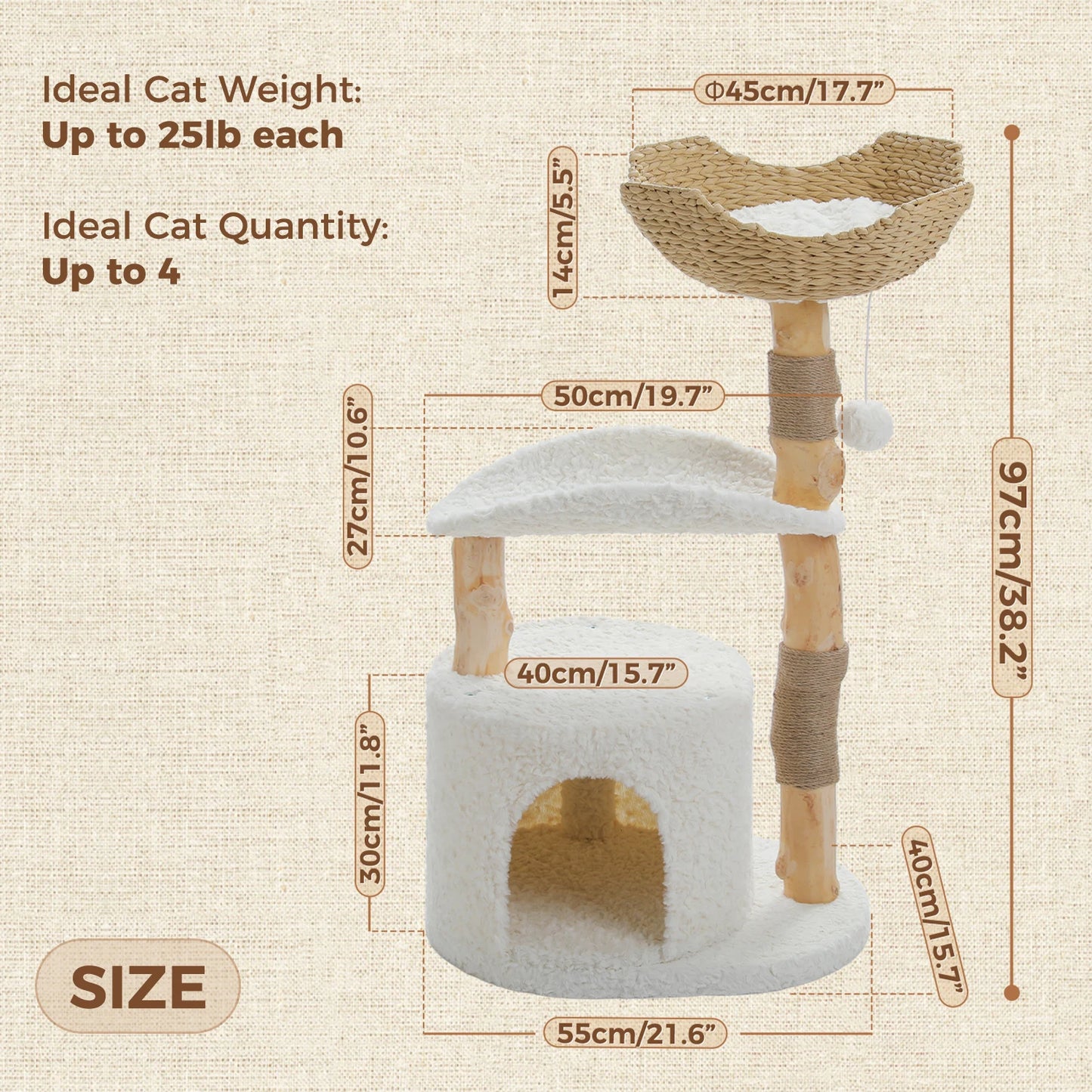 PAWZ Road Modern Cat Tree Tower With Natural Solid Wood Scratching Posts And Basket