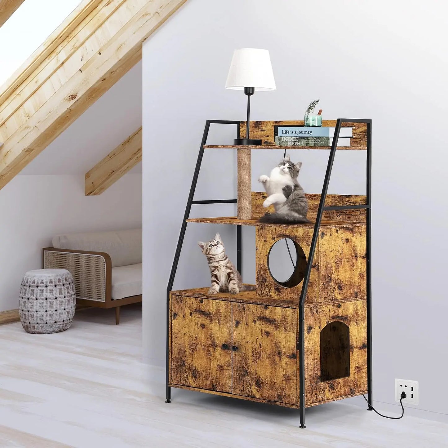 Closure Cat Litter Box Enclosure With Shelves And Charging Station