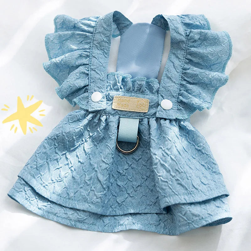 Hoopreety Denim Dog Dress For Small Dogs With Leash Ring