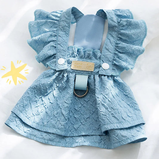 Hoopreety Denim Dog Dress For Small Dogs With Leash Ring