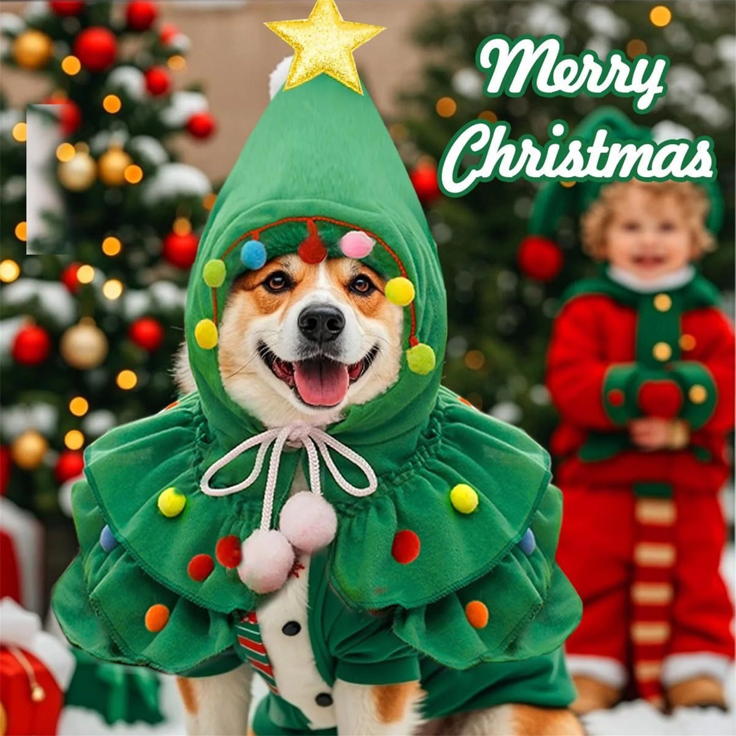 Christmas Evergreen Themed Pet Costume Cape With Extravagant Headpiece Adornments