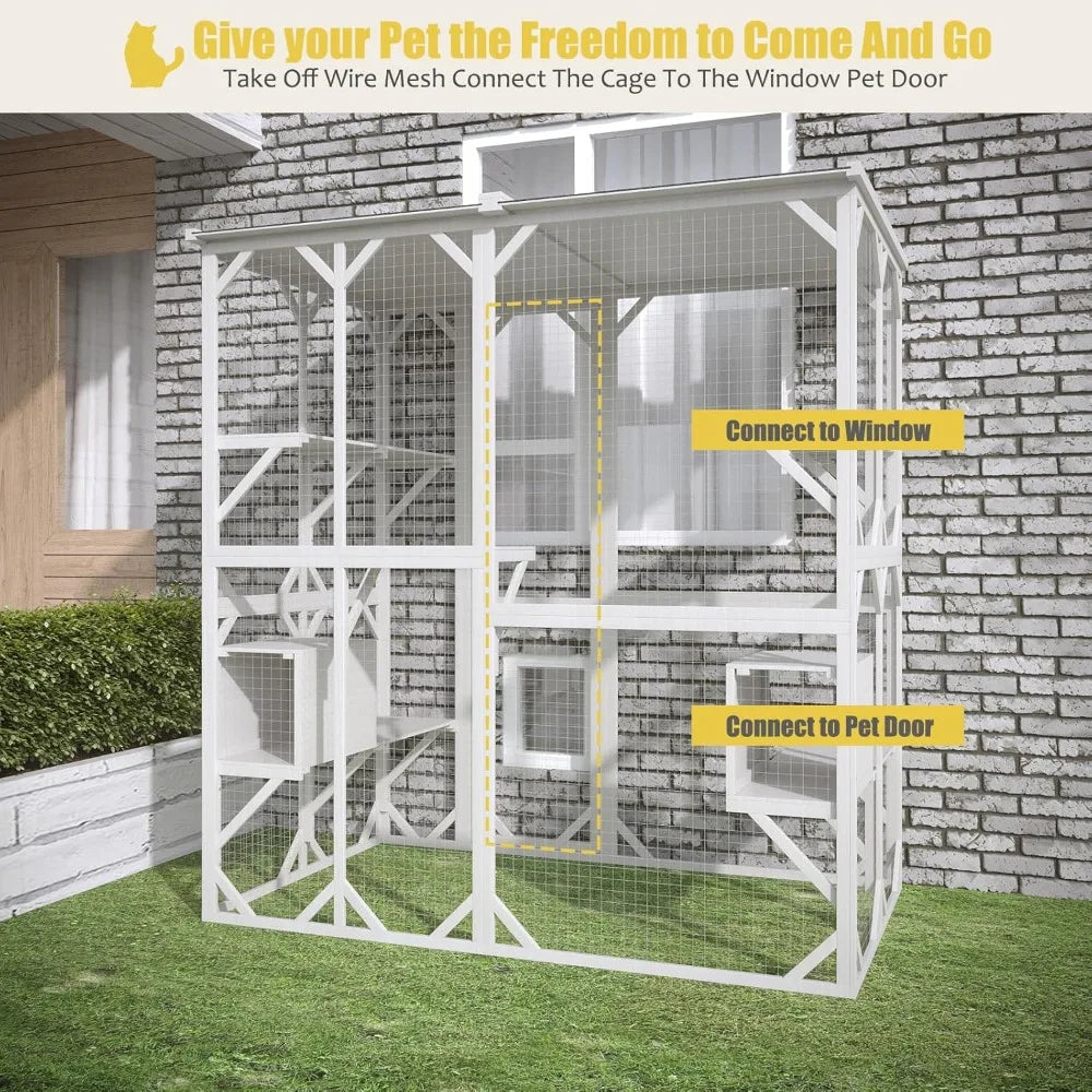 Wooden Outdoor Cat Enclosure With Roof Three Platforms