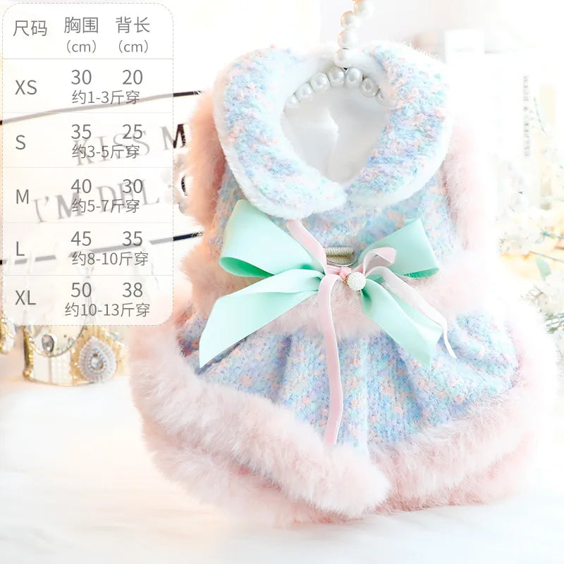 Autumn Winter Fleece Dog Cat Dress With Plush Lace Coat