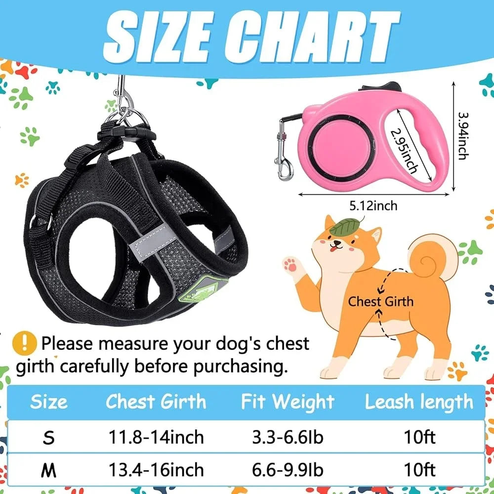 XMSJ 6 Pcs Dog Harness Set With Retractable Leashes Bowknot Collars Mesh Vest
