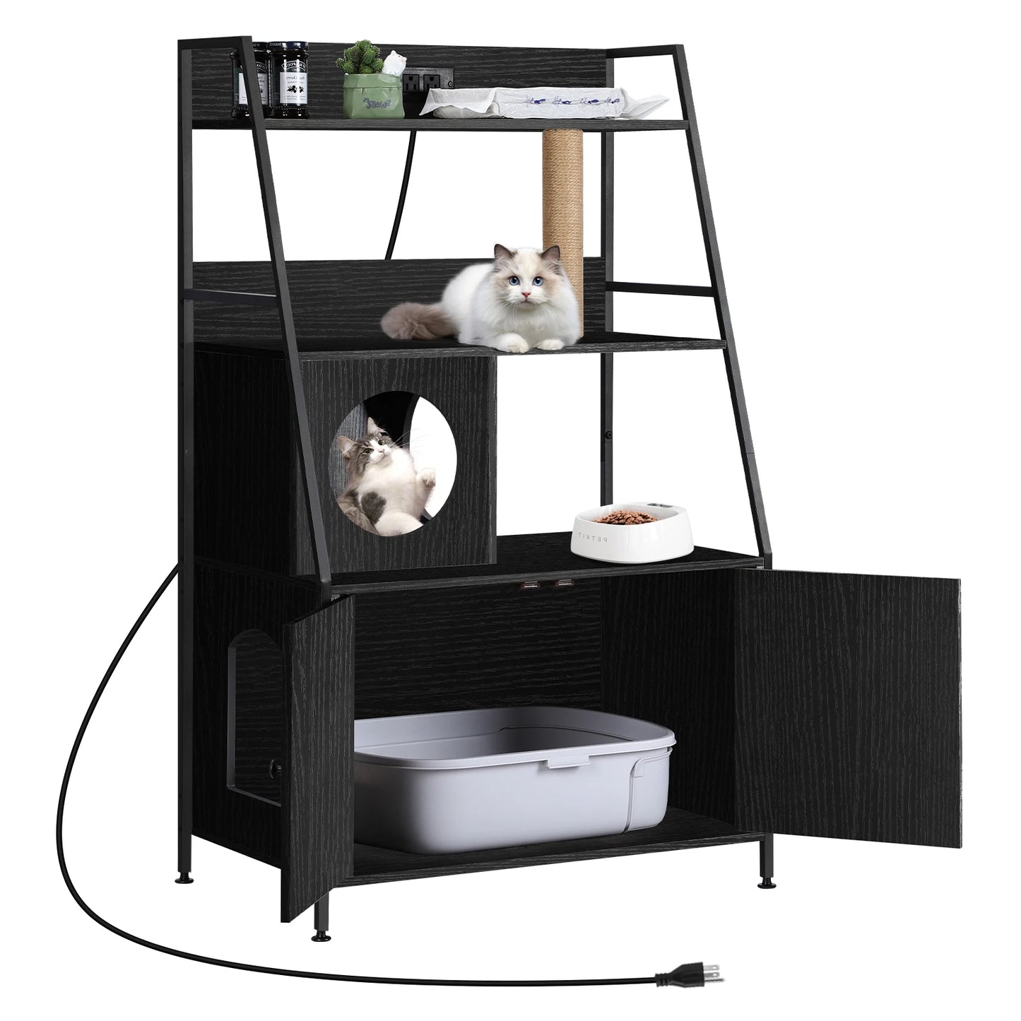 Closure Cat Litter Box Enclosure With Shelves And Charging Station