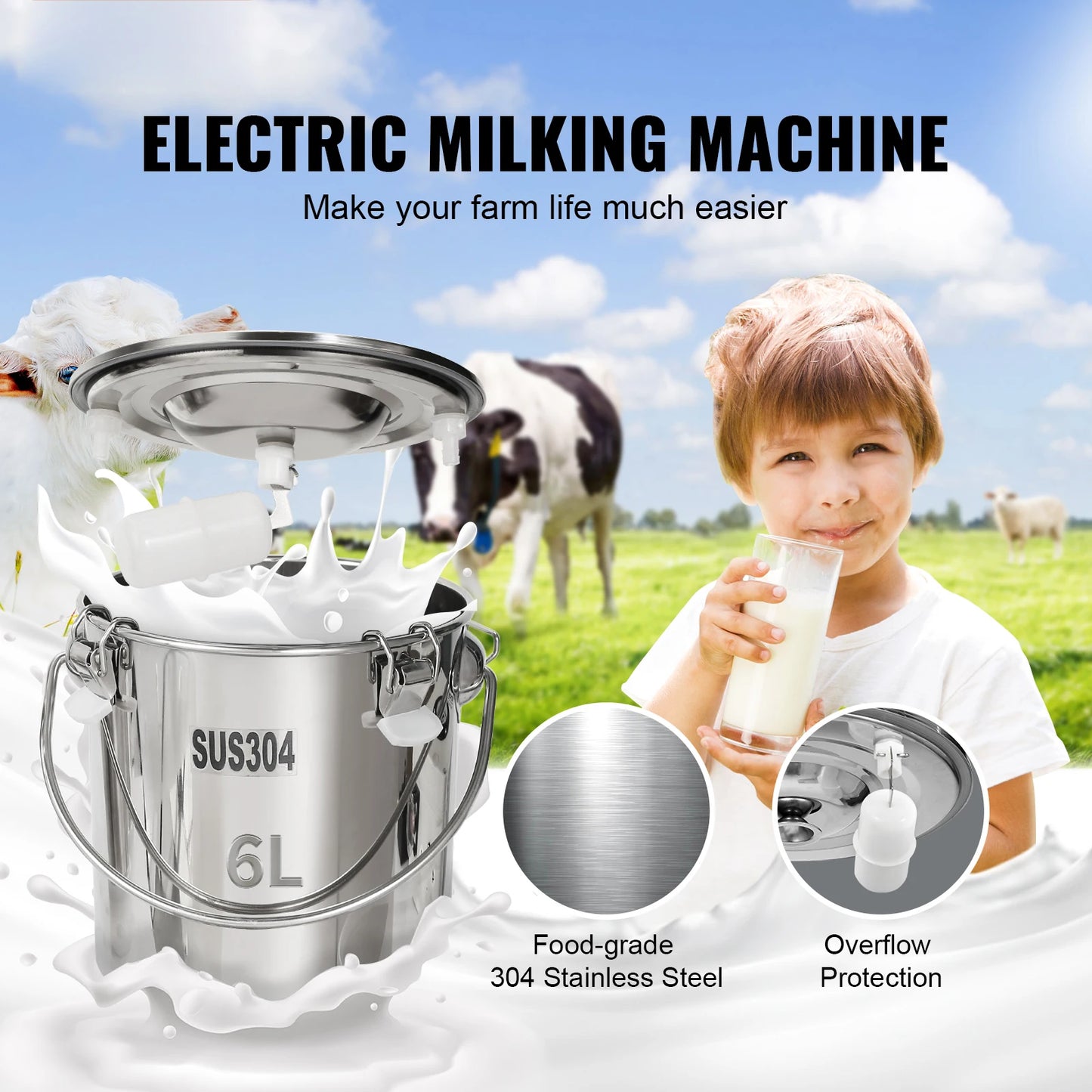 SucceBuy Goat Milking Machine Stainless Steel Bucket Automatic Pulsation Control