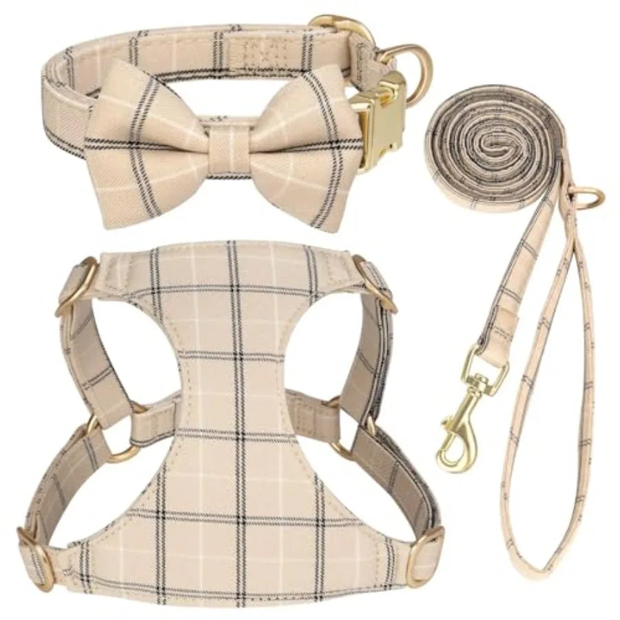 Dog Harness Collar And Leash Set With Bowtie For Pets