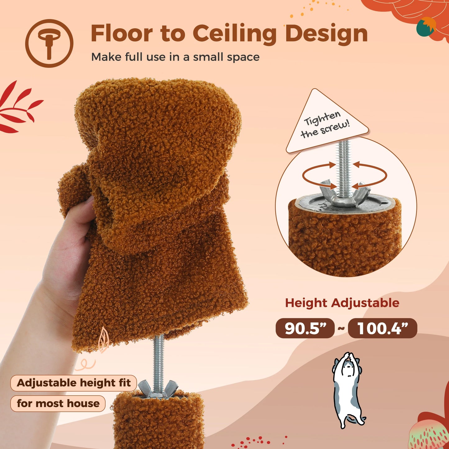 PETEPELACN Cat Tree Floor To Ceiling Tower With Adjustable Height Condo Hammock