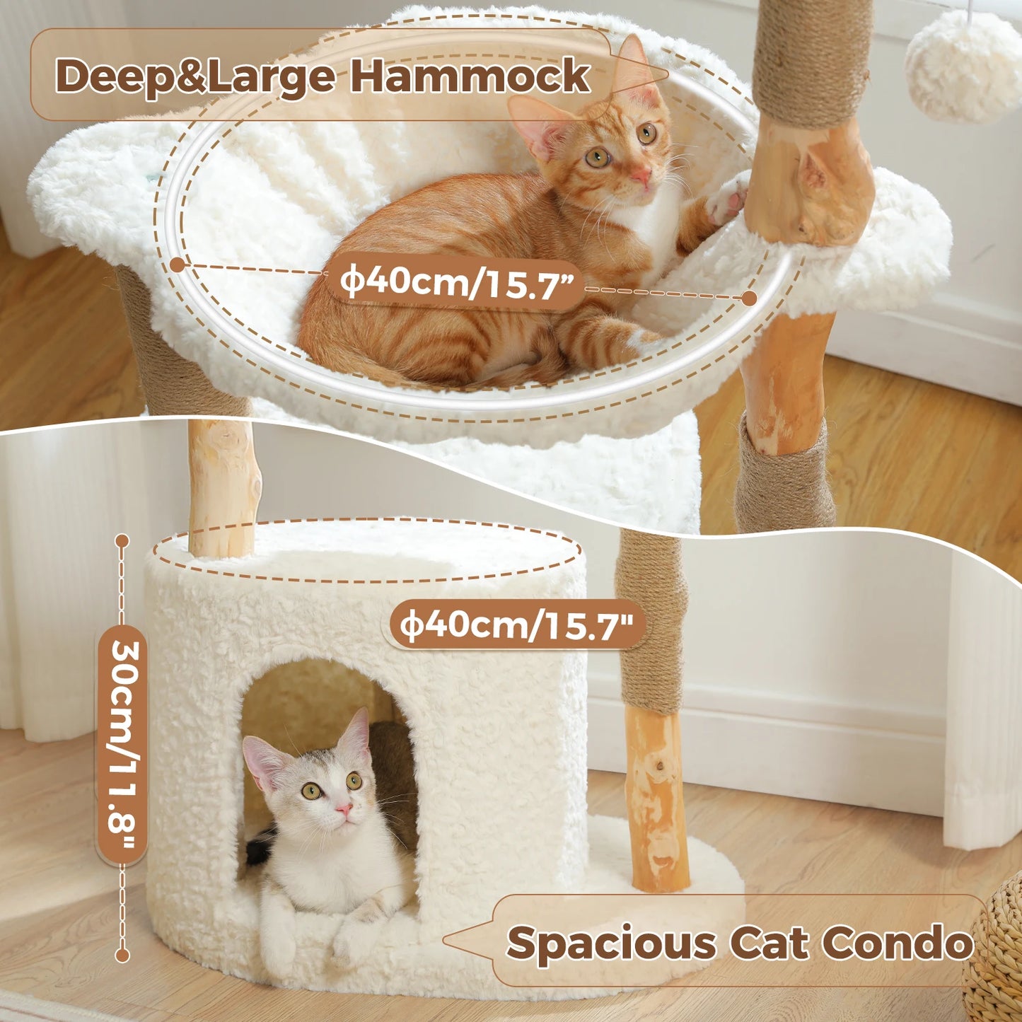 PAWZ Road Modern Cat Tree Tower With Natural Solid Wood Scratching Posts And Basket