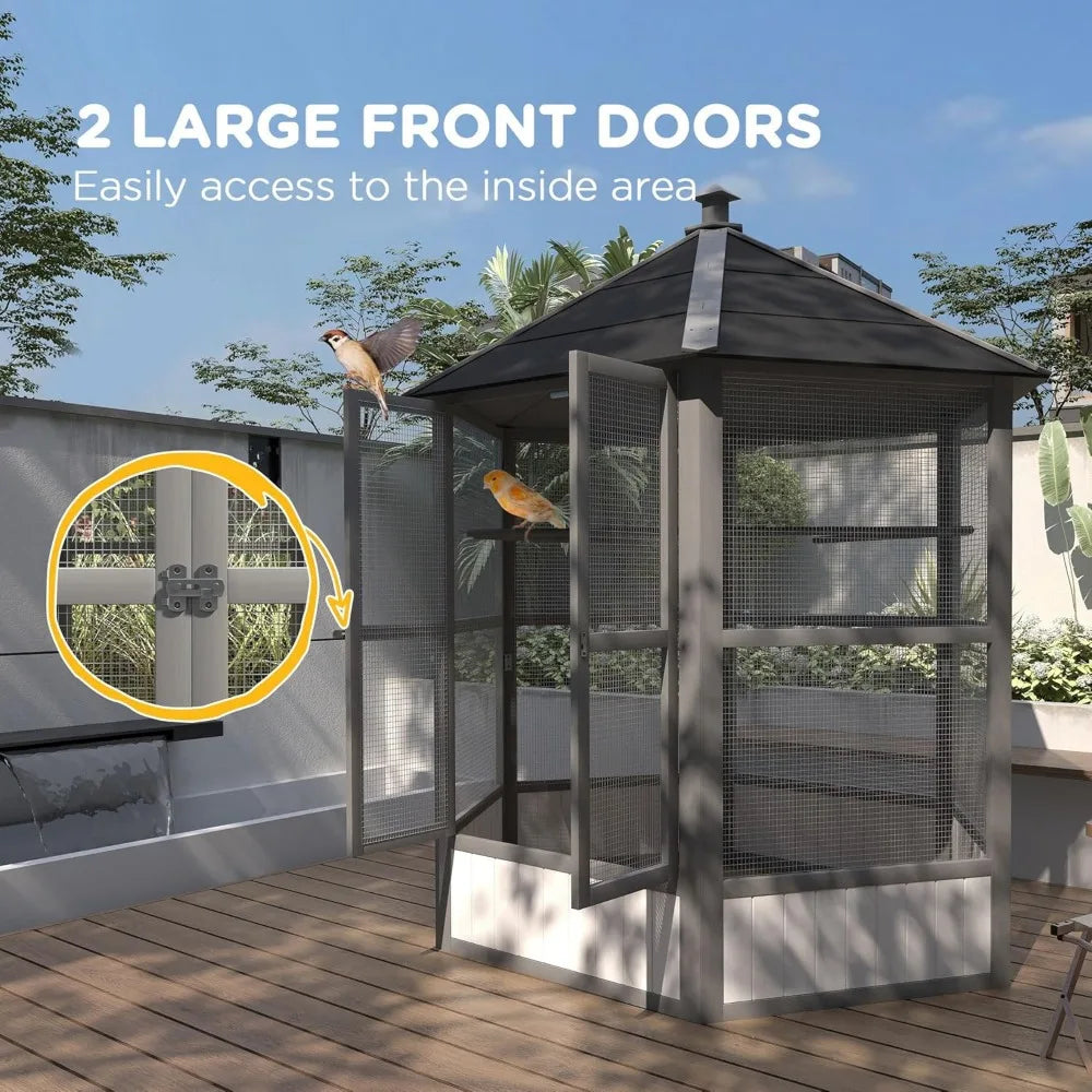 Wooden Hexagonal Outdoor Bird Aviary Cage With Covered Roof