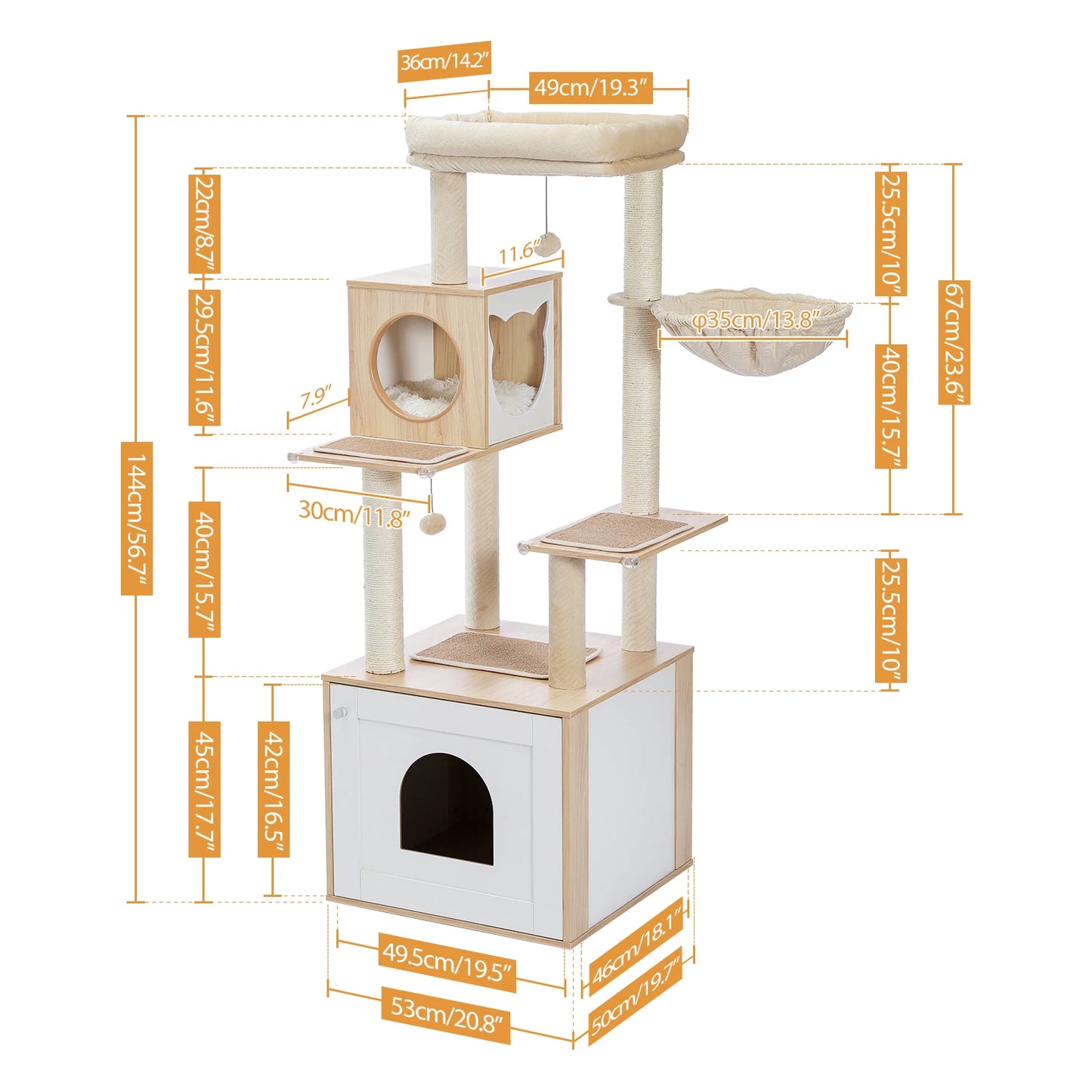 PEQULTICN Cat Tree Tower Litter Box Wood Structure With Hammock
