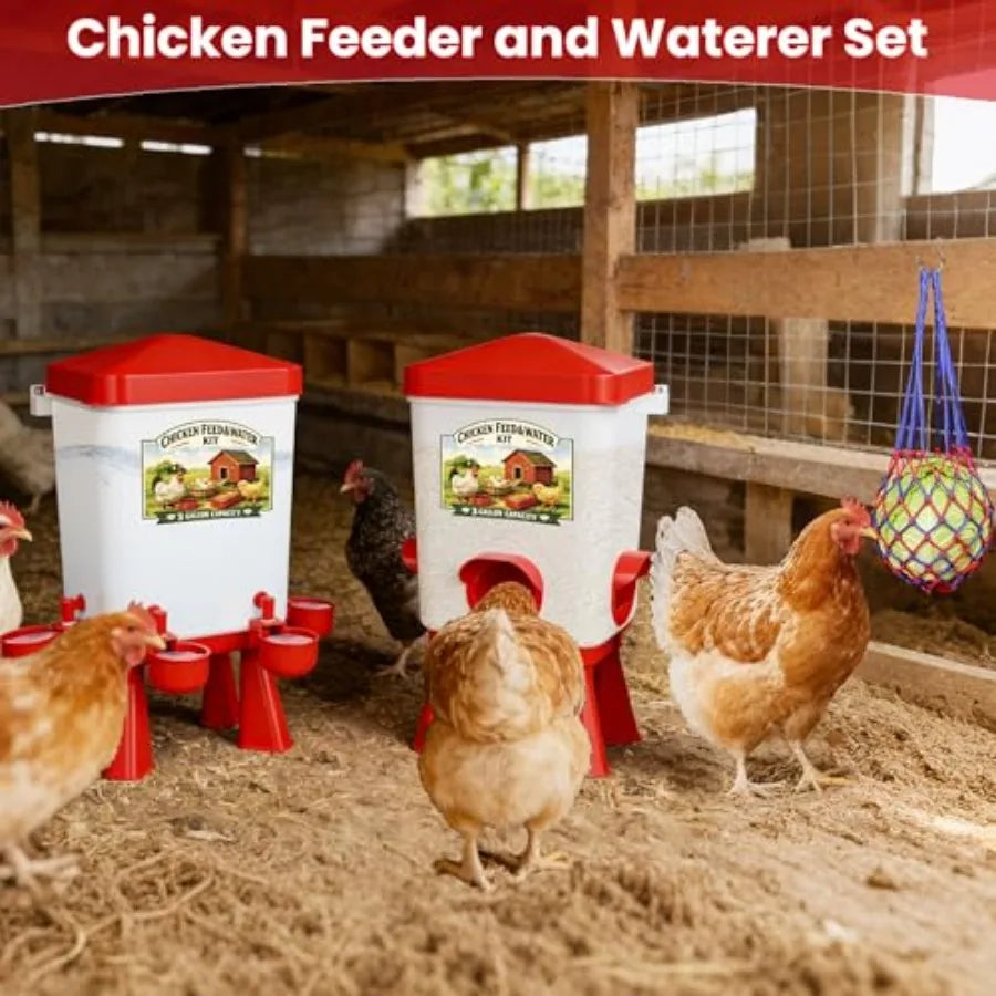 Automatic Poultry Feeder and Waterer Set With Hanging Option No Waste Ports