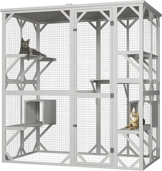 Wooden Outdoor Cat Enclosure With Roof Three Platforms