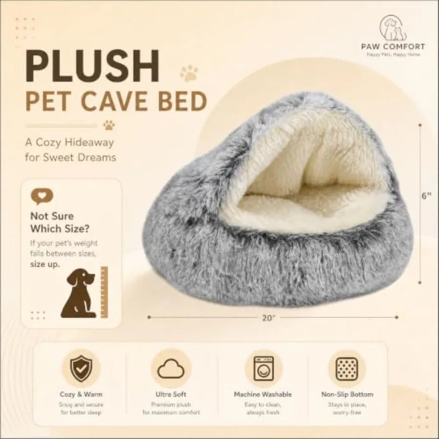 Round Plush Hooded Cat Bed Cave Cozy Suede Indoor Pet