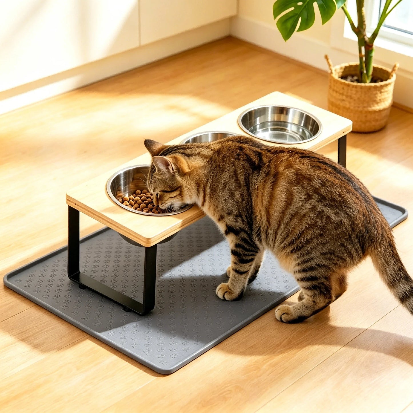 Elevated Cat Feeder With Tilted 15 Degree Stand And Stainless Steel Bowls