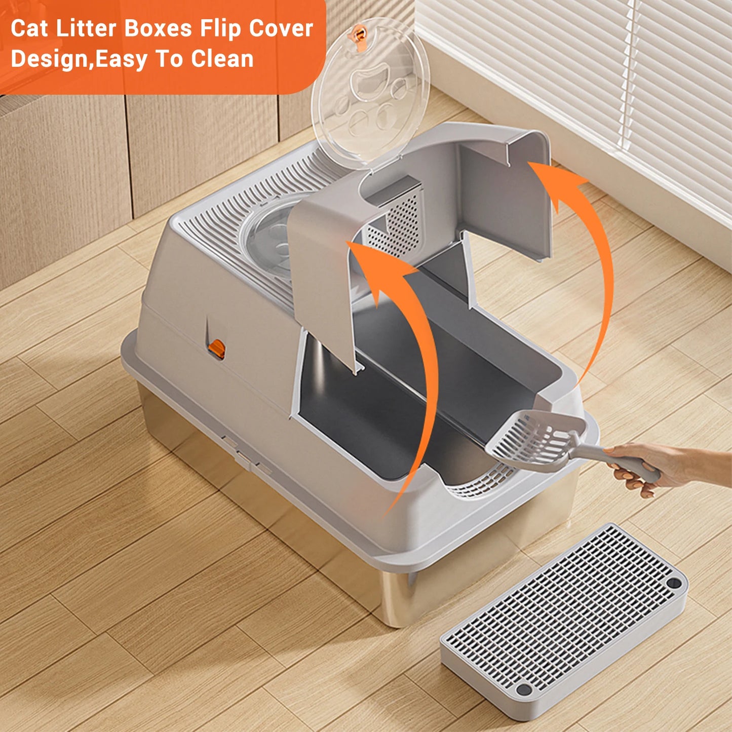 Feature Stainless Steel Cat Litter Box With High Sided Enclosure And Lid Front And Top Door
