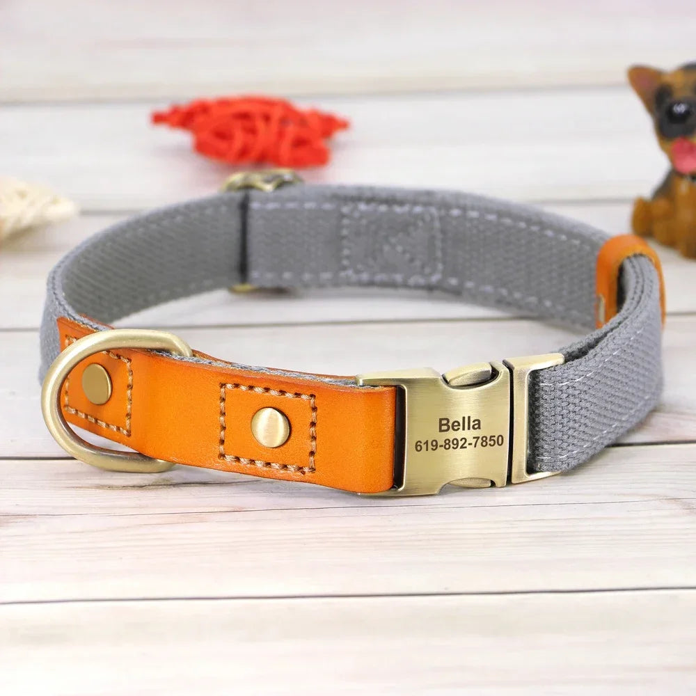 Nylon Dog Collar Leash Set With Personalized Genuine Leather Nameplate ID Tag