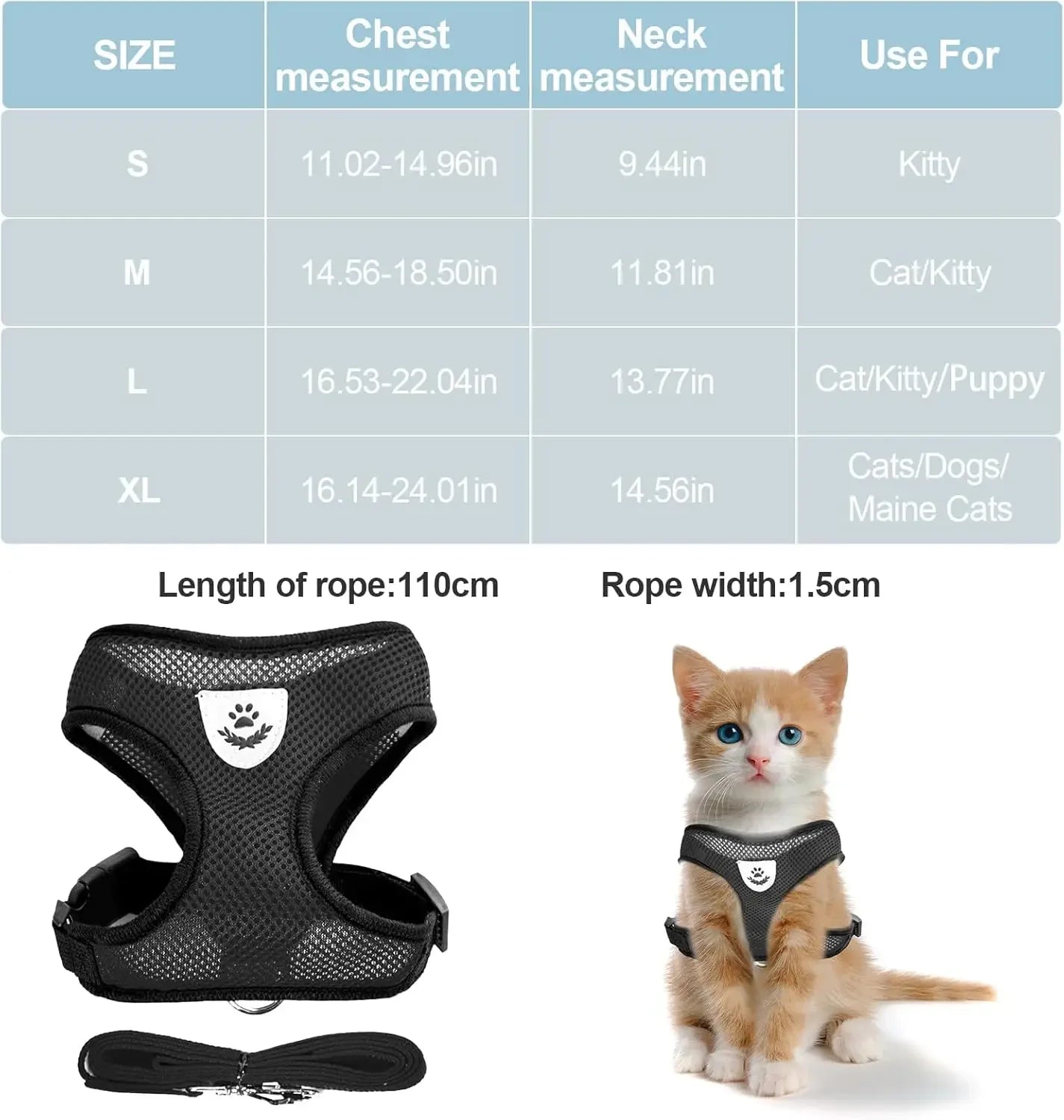 NONECN Cat Chest Harness And Leash Set Summer Mesh Anti Escape Adjustable