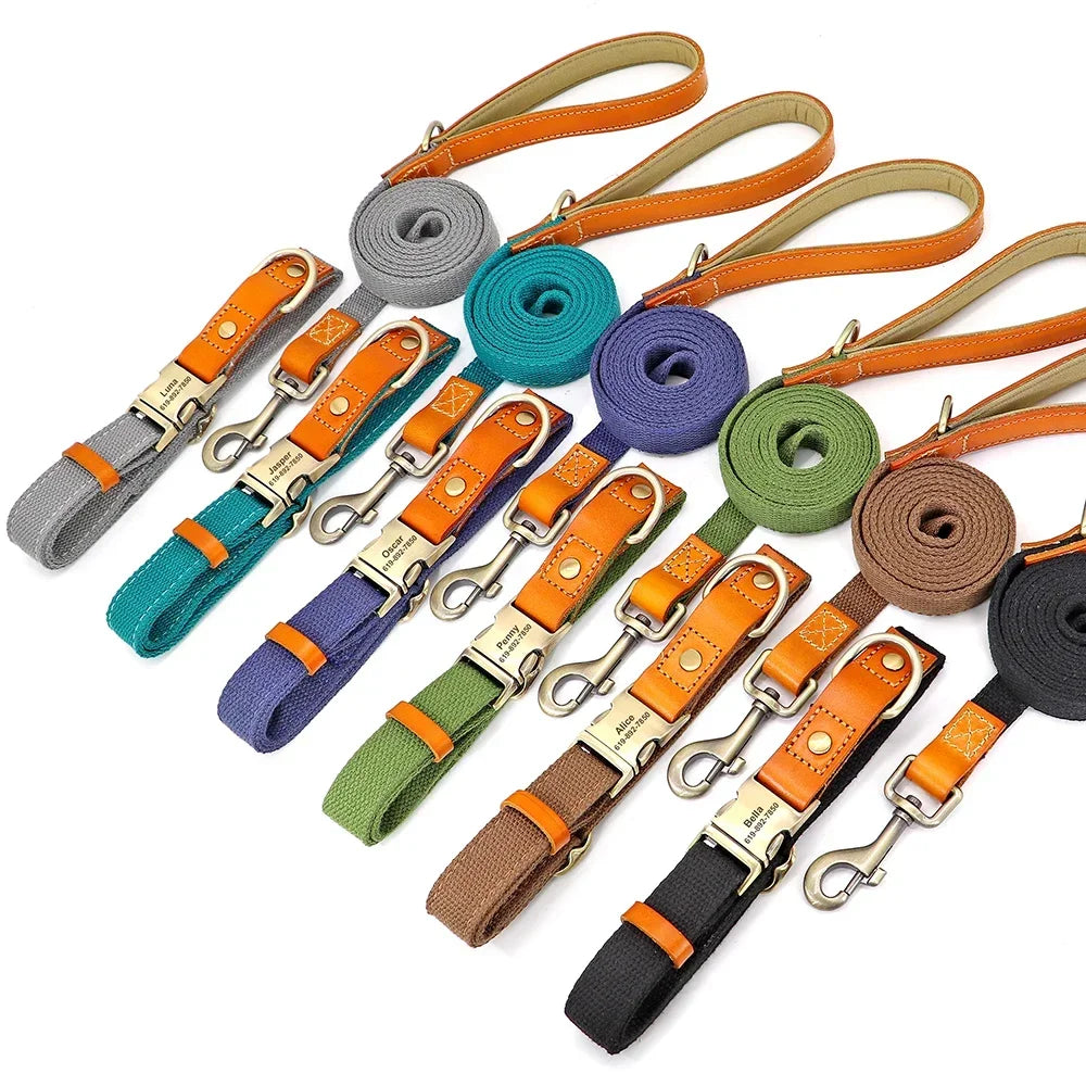 Nylon Dog Collar Leash Set With Personalized Genuine Leather Nameplate ID Tag