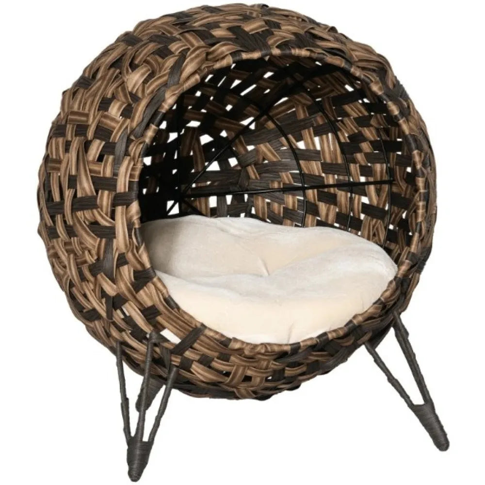 Elevated Handwoven Banana Leaf Cat House Condo With Cushion