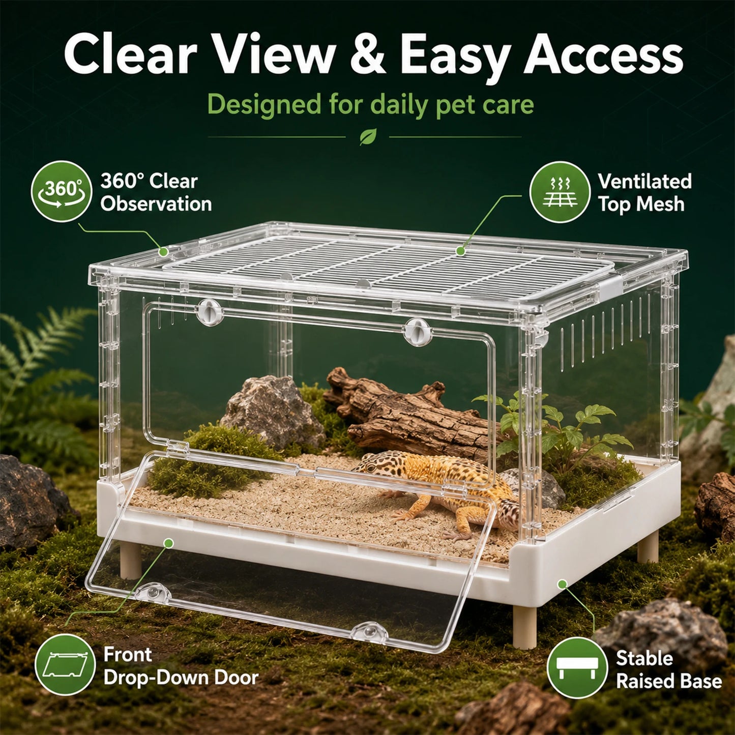 Foldable Reptile Terrarium With Front Opening Door Clear Ventilation Habitat